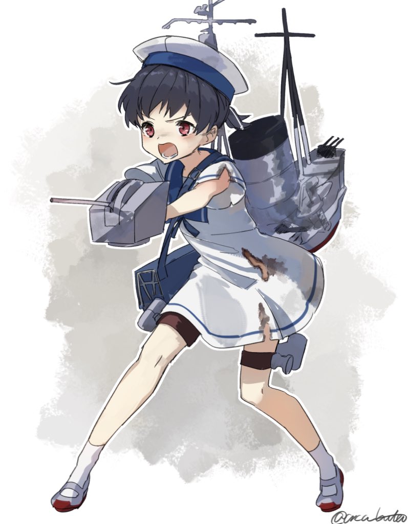 1girl adapted_turret black_hair brown_eyes commentary_request dress full_body hat hiburi_(kantai_collection) kantai_collection low_ponytail open_mouth sailor_collar sailor_dress sailor_hat shoes short_hair short_sleeves smokestack socks solo standing torn_clothes uwabaki white_background white_dress white_headwear white_legwear yamashiki_(orca_buteo)