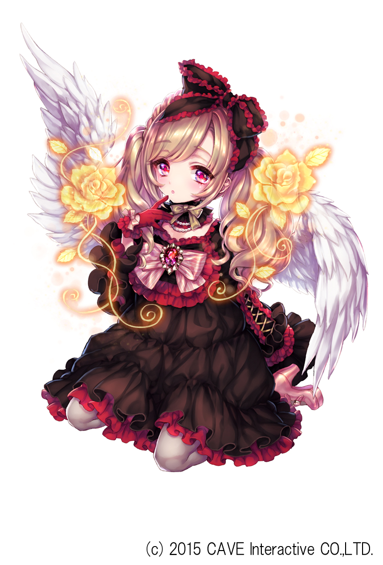1girl amati_(gothic_wa_mahou_otome) bangs blonde_hair blush dress eyebrows_visible_through_hair full_body gothic_lolita gothic_wa_mahou_otome hairband lolita_fashion lolita_hairband long_hair looking_at_viewer murayama_(u_k) official_art solo twintails violet_eyes white_background wings