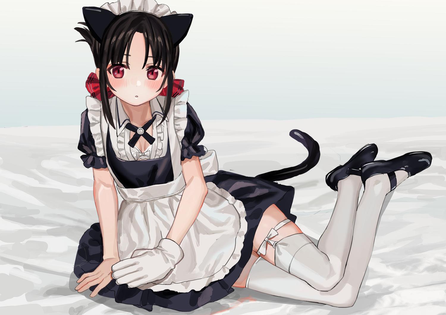 1girl :o alternate_costume animal_ears apron black_ears black_hair black_tail blush breasts cat_ears cat_tail enmaided gloves kaguya-sama_wa_kokurasetai_~tensai-tachi_no_renai_zunousen~ luicent maid maid_headdress mary_janes red_eyes red_ribbon ribbon shinomiya_kaguya shoes single_glove sitting small_breasts solo tail thigh-highs white_legwear yokozuwari