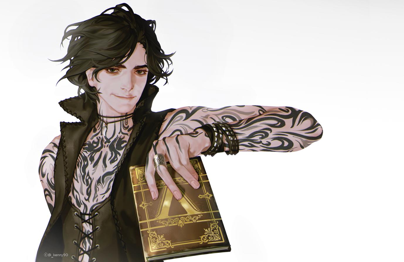 1boy bare_shoulders black_coat black_eyes black_hair book bracelet coat devil_may_cry devil_may_cry_5 full_body_tattoo holding holding_book jewelry kenny_(poe90) necklace ring signature simple_background smile solo tattoo tooth_necklace twitter_username upper_body v_(devil_may_cry) white_background