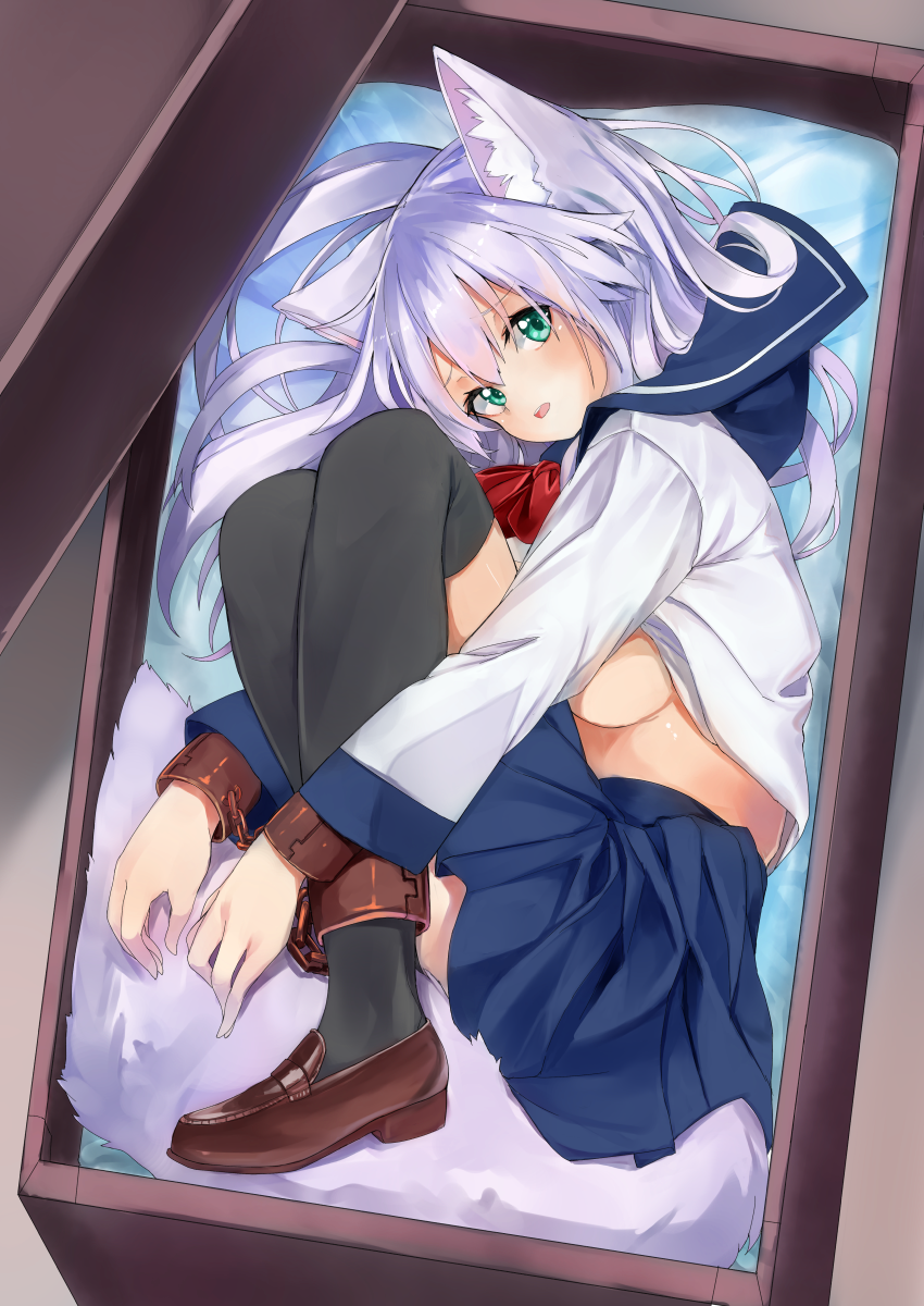 1girl animal_ear_fluff animal_ears ankle_cuffs blue_sailor_collar blush box breasts commentary_request fox_ears fox_girl fox_tail green_eyes highres in_box in_container loafers long_hair long_sleeves looking_at_viewer lying medium_breasts navy_blue_skirt on_side original parted_lips pleated_skirt sailor_collar school_uniform serafuku shirt shoes sideboob silver_hair skirt solo tail thigh-highs waichi white_shirt wrist_cuffs