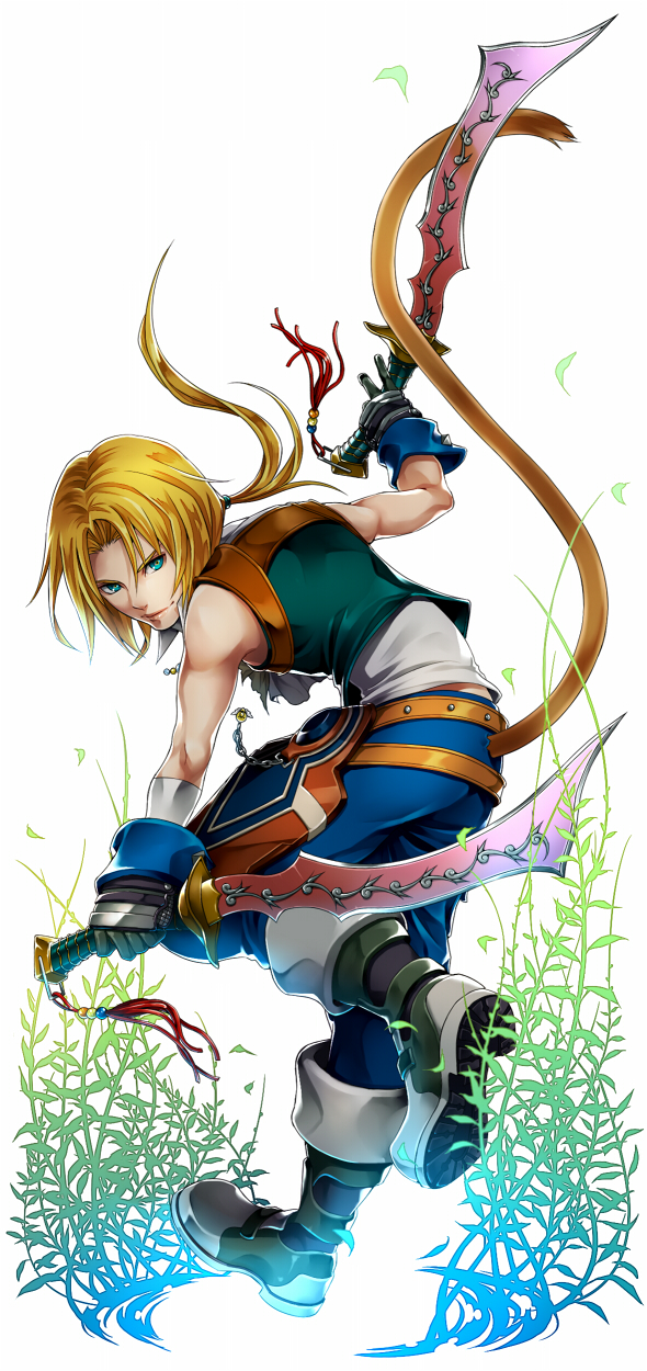 1boy belt blonde_hair blue_eyes boots closed_mouth dagger dual_wielding final_fantasy final_fantasy_ix full_body gloves highres hiromyan holding holding_weapon jewelry long_hair male_focus monkey_tail ponytail short_hair sleeveless smile solo swallow_sword tail weapon zidane_tribal