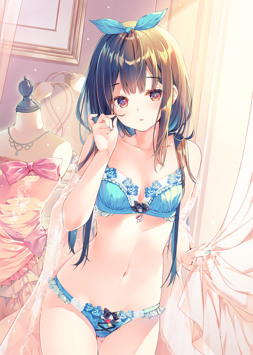 1girl bangs bare_arms bare_shoulders black_hair blue_bra blue_nails blue_panties blue_ribbon bow bow_bra bow_panties bra breasts cleavage collarbone commentary_request cowboy_shot curtains dress frame gluteal_fold hair_ribbon hand_up highres holding jewelry lace_trim lamp light_particles lingerie long_hair looking_at_viewer mannequin medium_breasts miwabe_sakura nail_polish navel necklace original panties parted_lips pink_dress red_eyes ribbon see-through sidelocks solo standing stomach thighs twitter_username underwear underwear_only