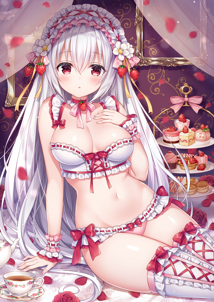 1girl arm_support bangs blush bow bow_bra bow_panties bra breasts cleavage commentary_request cup cupcake curtains eyebrows_visible_through_hair flower food fruit hair_between_eyes hand_on_own_chest hand_up long_hair looking_at_viewer medium_breasts mitsuba_choco navel original panties parted_lips petals picture_frame pink_bow red_bow red_eyes ribbon-trimmed_bra ribbon-trimmed_panties saucer silver_hair solo spoon stomach strawberry tea teacup teapot thigh-highs tiered_tray transparent underwear underwear_only very_long_hair white_bra white_flower white_legwear white_panties wrist_cuffs