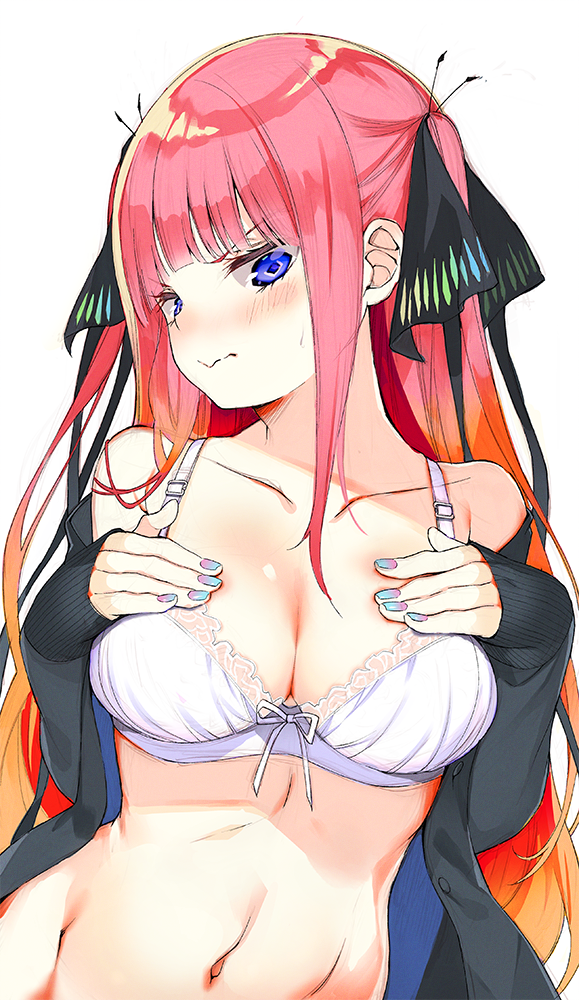 1girl 3: bangs black_sweater blue_eyes blunt_bangs blush breasts cardigan closed_mouth collarbone eyebrows_visible_through_hair frown go-toubun_no_hanayome gradient_hair groin hair_ornament hair_ribbon hands_on_own_chest long_hair looking_at_viewer medium_breasts midriff multicolored_hair nail_polish nakano_nino navel open_cardigan open_clothes orange_hair redhead ribbon shimeji_(4_me_ji) sidelocks sleeves_past_wrists solo stomach sweatdrop sweater two_side_up upper_body white_background