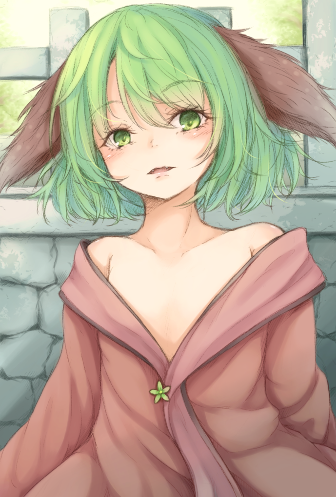 1girl animal_ears bangs bare_shoulders blush collarbone commentary_request dress eyebrows_visible_through_hair fangs flat_chest green_eyes green_hair hair_between_eyes kasodani_kyouko long_sleeves looking_at_viewer neko_mata off_shoulder outdoors parted_lips pink_dress short_hair solo touhou upper_body