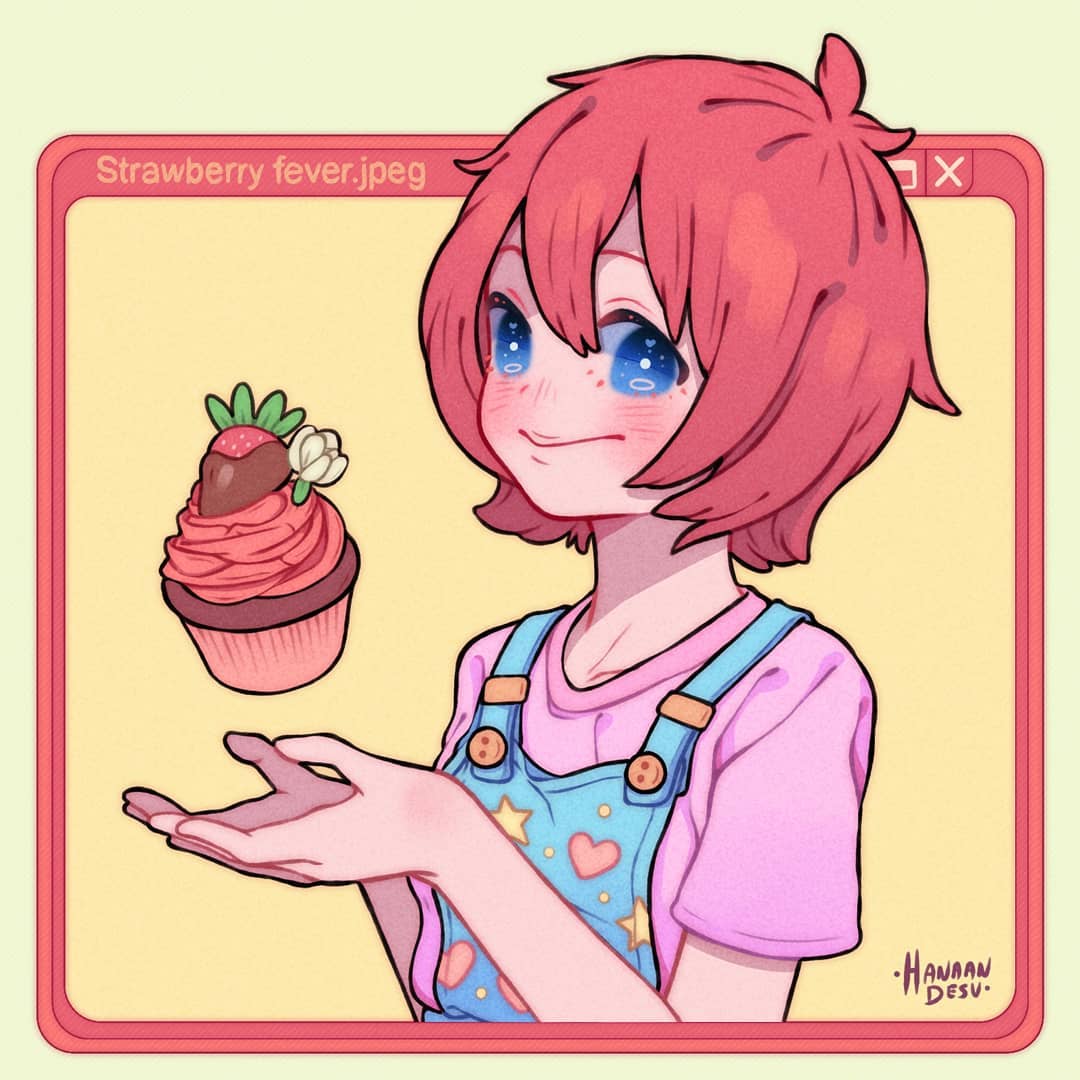 1girl artist_name bangs blue_eyes blush cake cupcake english_text flower food fruit hanaan hands_up heart icing looking_at_viewer original overalls pink_shirt redhead shirt short_hair short_sleeves smile solo star strawberry upper_body white_flower window_(computing) yellow_background