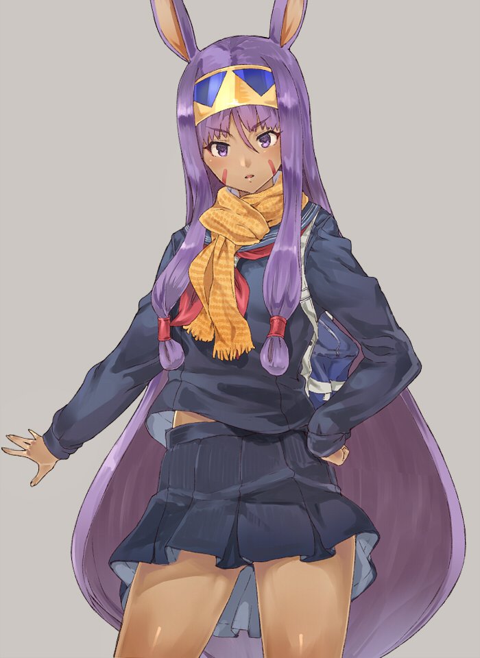 1girl bag blush commentary contemporary cowboy_shot dark_skin fate/grand_order fate_(series) hair_tubes hand_on_hip headband long_hair looking_at_viewer navy_blue_serafuku navy_blue_skirt neckerchief nitocris_(fate/grand_order) pleated_skirt purple_hair red_neckwear scarf school_bag school_uniform serafuku simple_background skirt solo sumisu_(mondo) tan_background very_long_hair violet_eyes