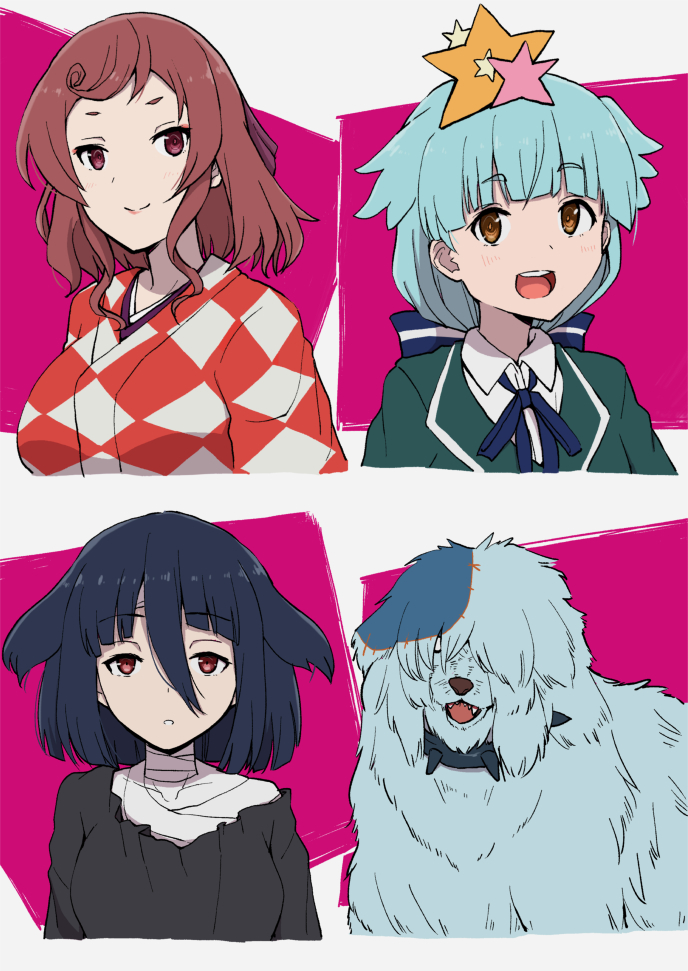 3girls alternate_hair_length alternate_hairstyle bangs black_dress blue_hair blunt_bangs bob_cut brown_hair collar dog dress hair_between_eyes hair_flaps hair_ornament hoshikawa_lily japanese_clothes low_ponytail multiple_girls natsutarou orange_eyes red_eyes romero_(zombie_land_saga) school_uniform short_hair smile spiked_collar spikes star star_hair_ornament stitches yamada_tae yuugiri_(zombie_land_saga) zombie_land_saga