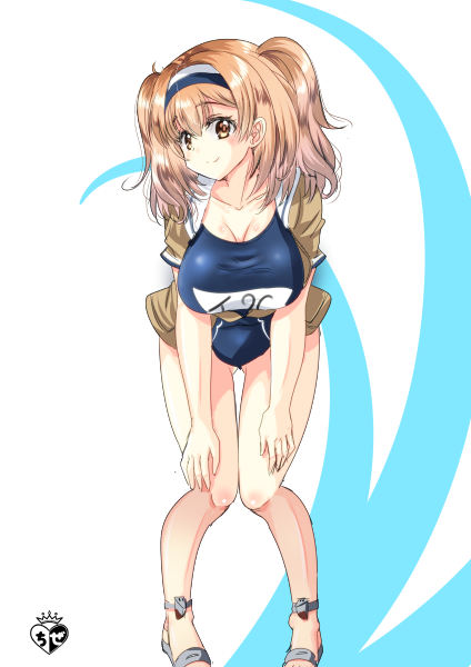 1girl artist_logo ass_visible_through_thighs breasts chize clothes_writing full_body hairband i-26_(kantai_collection) kantai_collection large_breasts leaning_forward light_brown_eyes light_brown_hair long_hair looking_at_viewer name_tag new_school_swimsuit sailor_collar school_swimsuit short_sleeves smile solo swimsuit swimsuit_under_clothes thigh_gap two-tone_background two-tone_hairband two_side_up