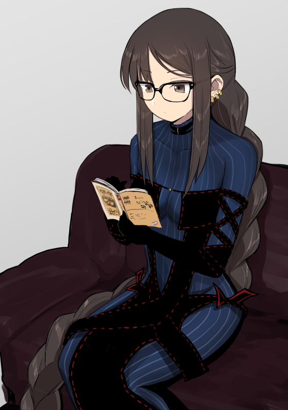 1girl bangs black-framed_eyewear black_dress black_gloves blue_dress book braid brown_eyes brown_hair closed_mouth commentary_request consort_yu_(fate) couch dress ear_piercing elbow_gloves eyebrows_visible_through_hair fate/grand_order fate_(series) glasses gloves grey_background hinomaru_(futagun) holding holding_book long_hair looking_away on_couch open_book piercing ribbon-trimmed_dress ribbon_trim sidelocks single_braid sitting solo strapless strapless_dress striped vertical-striped_dress vertical_stripes very_long_hair