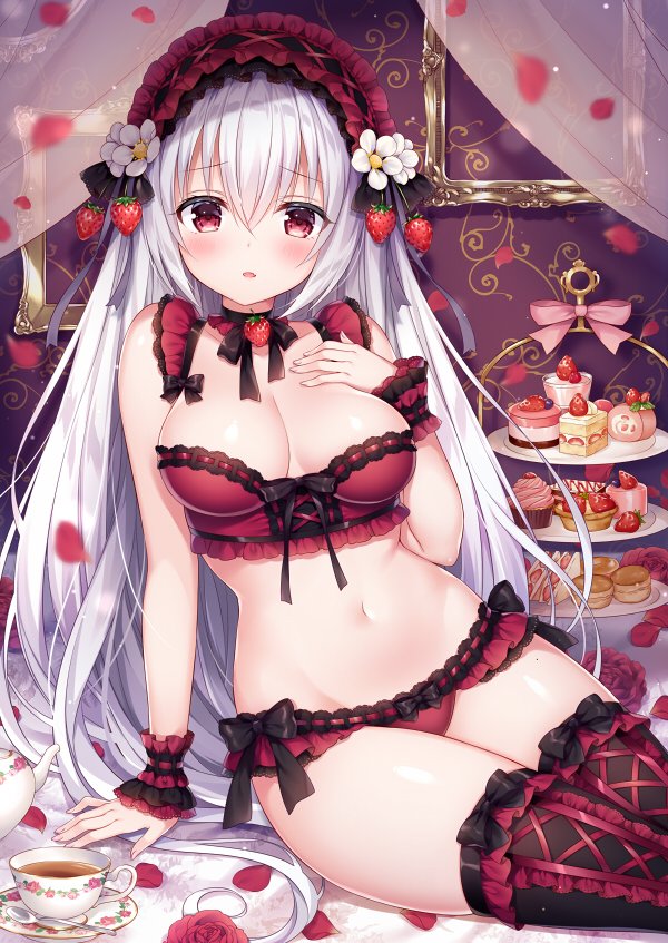 1girl arm_support bangs black_legwear blush bow bow_bra bow_panties bra breasts cleavage cup cupcake curtains eyebrows_visible_through_hair flower food fruit hair_between_eyes hand_on_own_chest hand_up long_hair looking_at_viewer medium_breasts mitsuba_choco navel original panties parted_lips petals picture_frame pink_bow red_bow red_bra red_eyes red_panties ribbon-trimmed_bra ribbon-trimmed_panties saucer silver_hair smile solo spoon stomach strawberry tea teacup teapot thigh-highs tiered_tray transparent underwear underwear_only very_long_hair white_flower wrist_cuffs