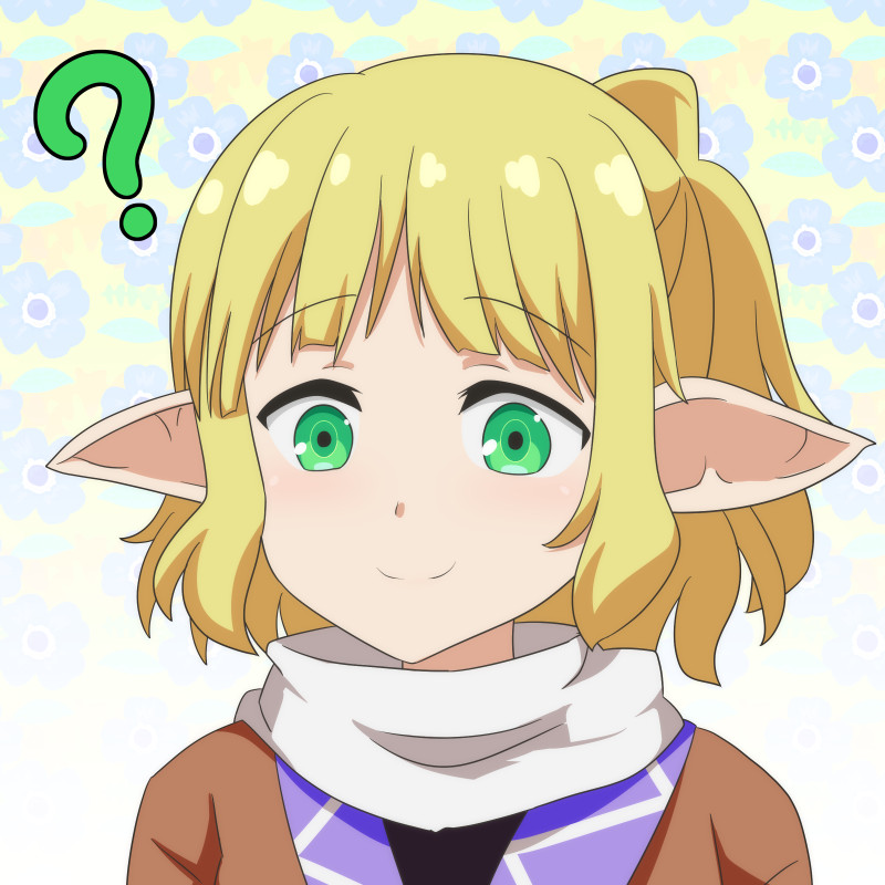 1girl ? bangs blonde_hair brown_shirt cato_(monocatienus) commentary_request eyebrows_visible_through_hair floral_background gradient gradient_background green_eyes half_updo looking_at_viewer mizuhashi_parsee pointy_ears portrait scarf shirt short_hair sidelocks smile solo touhou white_background white_scarf yellow_background