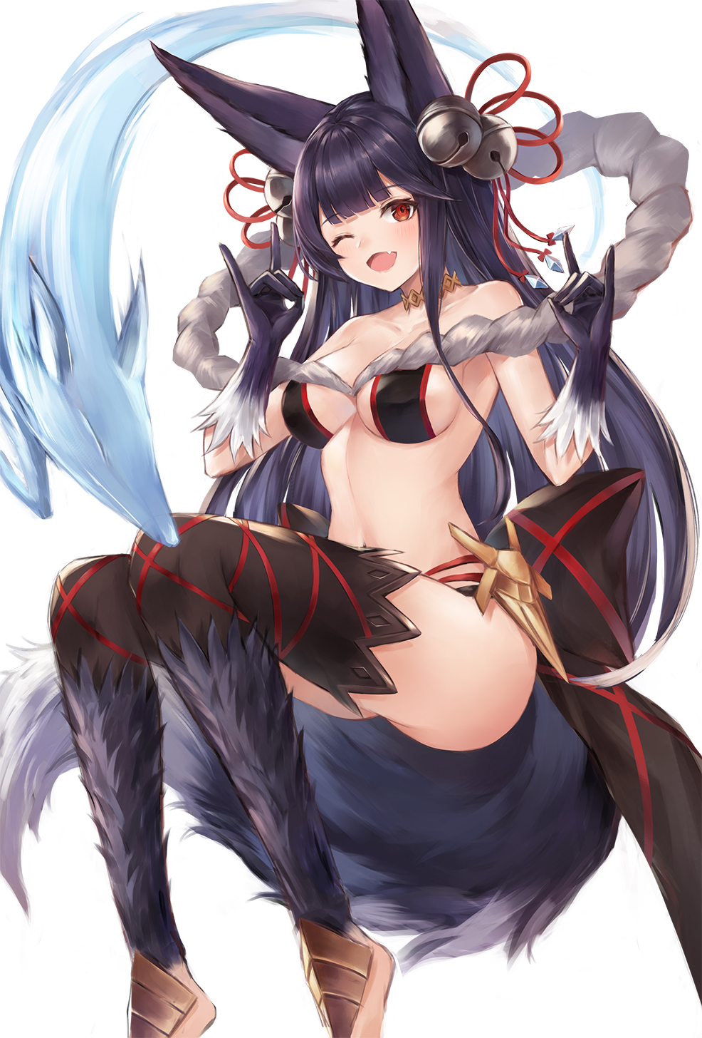 1girl ;d animal_ears bangs bare_shoulders bell bikini blue_hair blush breasts choker erune eyebrows_visible_through_hair fang fox_ears fox_shadow_puppet fox_tail fur fuwawa_(fuwawa617) gloves granblue_fantasy hair_bell hair_ornament hair_ribbon highres jingle_bell large_breasts long_hair looking_at_viewer one_eye_closed open_mouth red_eyes ribbon simple_background smile solo spirit swimsuit tail thigh-highs white_background yuel_(granblue_fantasy)