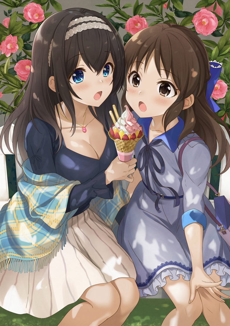 2girls :o azuki_yui black_hair black_shirt blue_eyes blush breasts brown_eyes brown_hair cleavage collarbone commentary_request crepe dress flower food grey_dress hairband holding holding_food idolmaster idolmaster_cinderella_girls jewelry large_breasts long_hair long_sleeves looking_at_viewer multiple_girls necklace open_mouth pink_flower pleated_skirt rose sagisawa_fumika shawl shirt side-by-side sidelocks sitting skirt tachibana_arisu white_skirt wing_collar