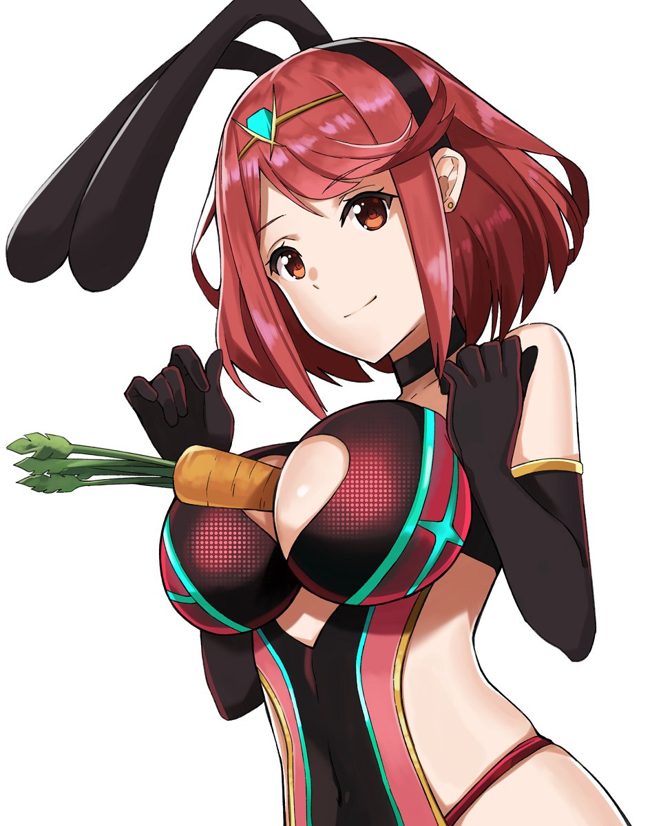 1girl animal_ears bangs bare_shoulders between_breasts breasts bunny_girl bunny_tail bunnysuit carrot cleavage covered_navel duplicate earrings fake_animal_ears fingerless_gloves gem gloves hair_ornament headpiece highres pyra_(xenoblade) j@ck jewelry large_breasts nintendo rabbit_ears red_eyes red_shorts redhead short_hair shorts sidelocks simple_background solo swept_bangs tail tiara white_background xenoblade_(series) xenoblade_2