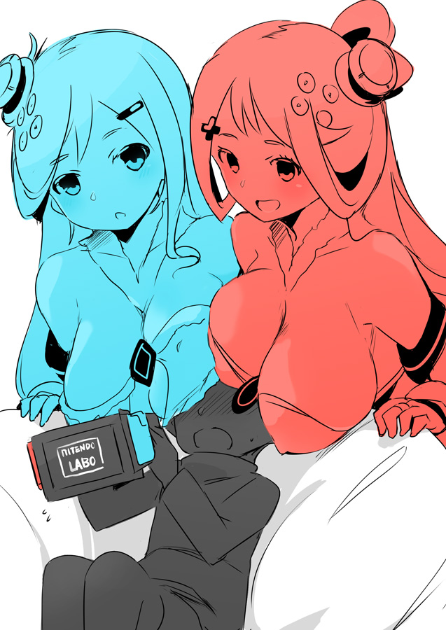 1boy 2girls :d bangs bare_shoulders blush breast_rest breasts breasts_on_head cleavage commentary_request d-pad d-pad_hair_ornament detached_collar detached_sleeves hair_ornament hairclip head_mounted_display joy-con large_breasts long_hair multiple_girls naik nintendo nintendo_labo nintendo_switch open_mouth personification simple_background sitting sketch smile swept_bangs white_background