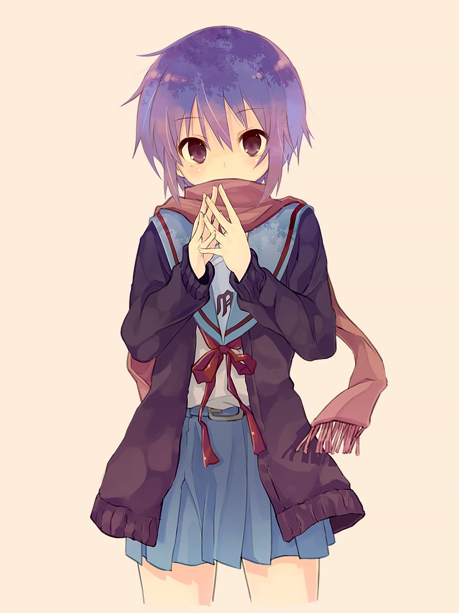 1girl blue_sailor_collar blue_skirt cardigan commentary commentary_request cowboy_shot eyebrows_visible_through_hair hands_together hands_up highres kita_high_school_uniform long_sleeves looking_at_viewer nagato_yuki nanabuluku purple_hair sailor_collar scarf school_uniform serafuku shirt short_hair simple_background skirt solo suzumiya_haruhi_no_yuuutsu violet_eyes white_shirt