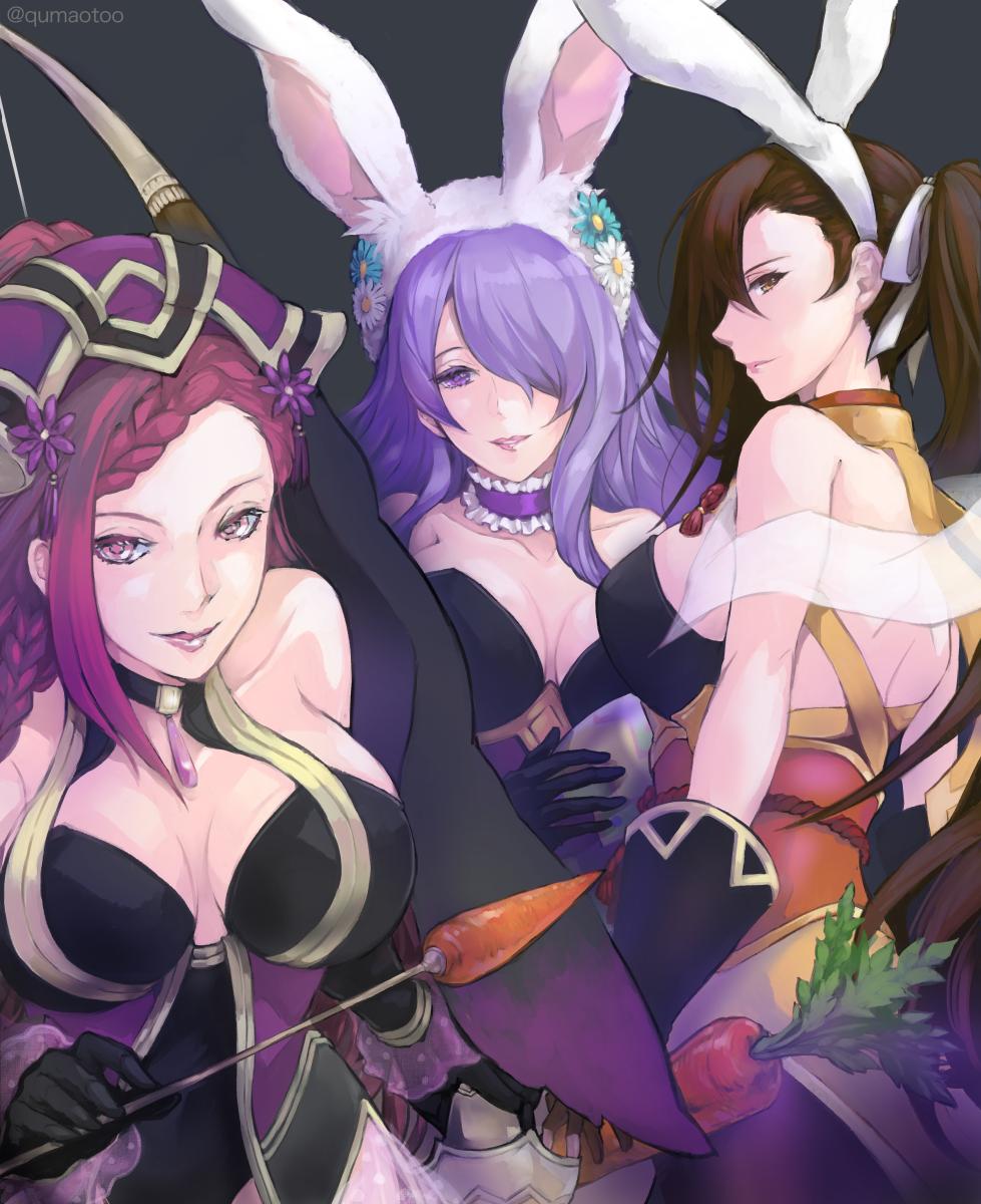 animal_ears ass bare_shoulders braid breasts brown_eyes brown_hair bunnysuit camilla_(fire_emblem_if) cleavage earrings fire_emblem fire_emblem_heroes fire_emblem_if gloves hair_over_one_eye highres jewelry kagerou_(fire_emblem_if) large_breasts lips loki_(fire_emblem_heroes) long_hair looking_at_viewer multiple_girls nintendo ponytail purple_hair qumaoto rabbit_ears scarf simple_background smile tiara very_long_hair violet_eyes wavy_hair