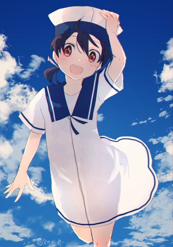 1girl 8ne_(nitika127) black_hair blue_sky clouds cowboy_shot day dress hat hiburi_(kantai_collection) kantai_collection low_ponytail open_mouth outdoors red_eyes round_teeth sailor_collar sailor_dress sailor_hat short_hair short_sleeves sky smile solo teeth upper_teeth white_dress white_headwear white_legwear