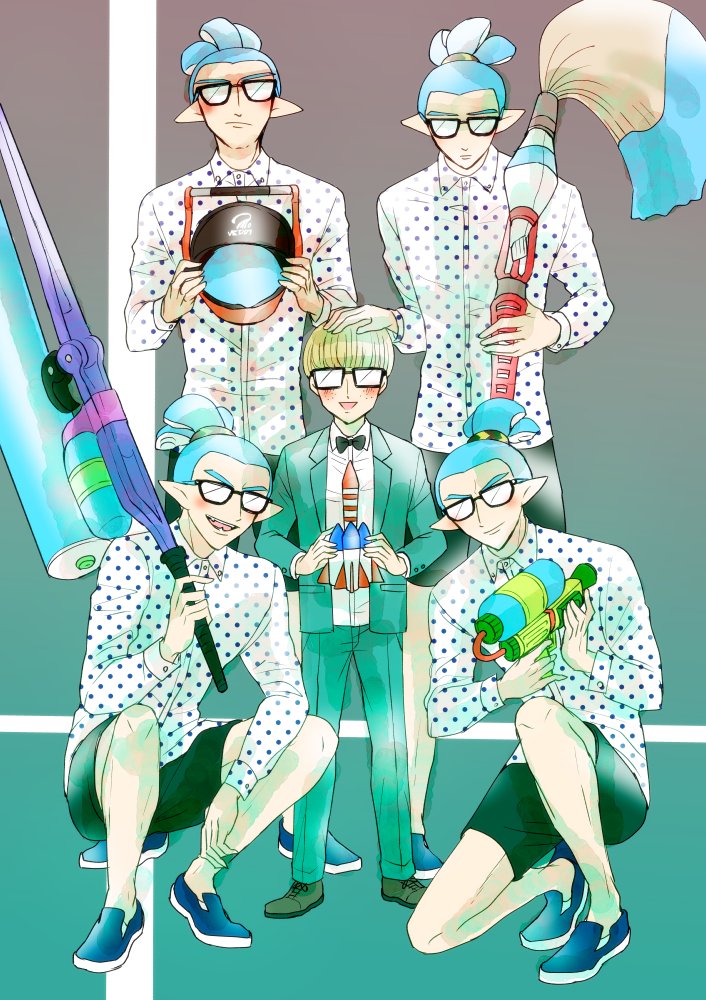 5boys bike_shorts blonde_hair bowl_cut glasses inkbrush_(splatoon) inkling jeff_andonuts male_focus mother_(game) mother_2 multiple_boys multiple_persona nintendo open_mouth paint_roller parari_(parari000) pointy_ears rocket shirt splat_roller_(splatoon) splatoon_(series) super_smash_bros. topknot uniform