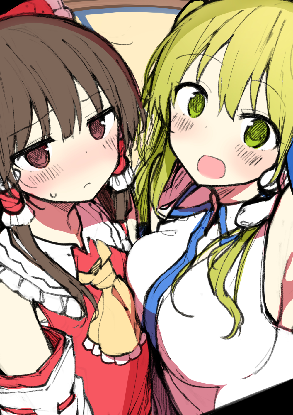 2girls armpits ascot asymmetrical_docking bare_shoulders black_hair blush bow breast_press breasts brown_eyes commentary_request detached_sleeves frilled_ascot frilled_bow frilled_shirt_collar frills green_eyes green_hair hair_bow hair_ornament hair_tubes hakurei_reimu highres jitome kochiya_sanae large_breasts long_hair long_sleeves looking_at_viewer multiple_girls open_mouth red_bow shinoba shirt sidelocks sketch snake_hair_ornament sweat touhou upper_body white_shirt yellow_neckwear