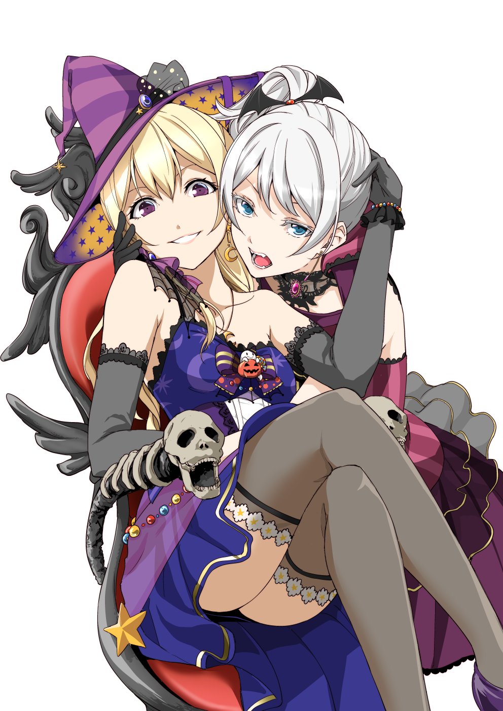2girls alternate_hairstyle bang_dream! bangs black_gloves black_legwear blonde_hair blue_dress blue_eyes bow bowtie bracelet brooch commentary_request crescent crescent_earrings detached_collar dress earrings elbow_gloves fangs gloves grin halloween hand_on_another's_head hat highres jack-o'-lantern jewelry karatachi_t legs_crossed long_hair looking_at_viewer multiple_girls open_mouth print_hat purple_dress purple_headwear shirasagi_chisato side_ponytail simple_background single_strap sitting skull smile star star_print striped_hat thigh-highs throne v-shaped_eyebrows violet_eyes wakamiya_eve white_background white_hair wing_hair_ornament witch_hat