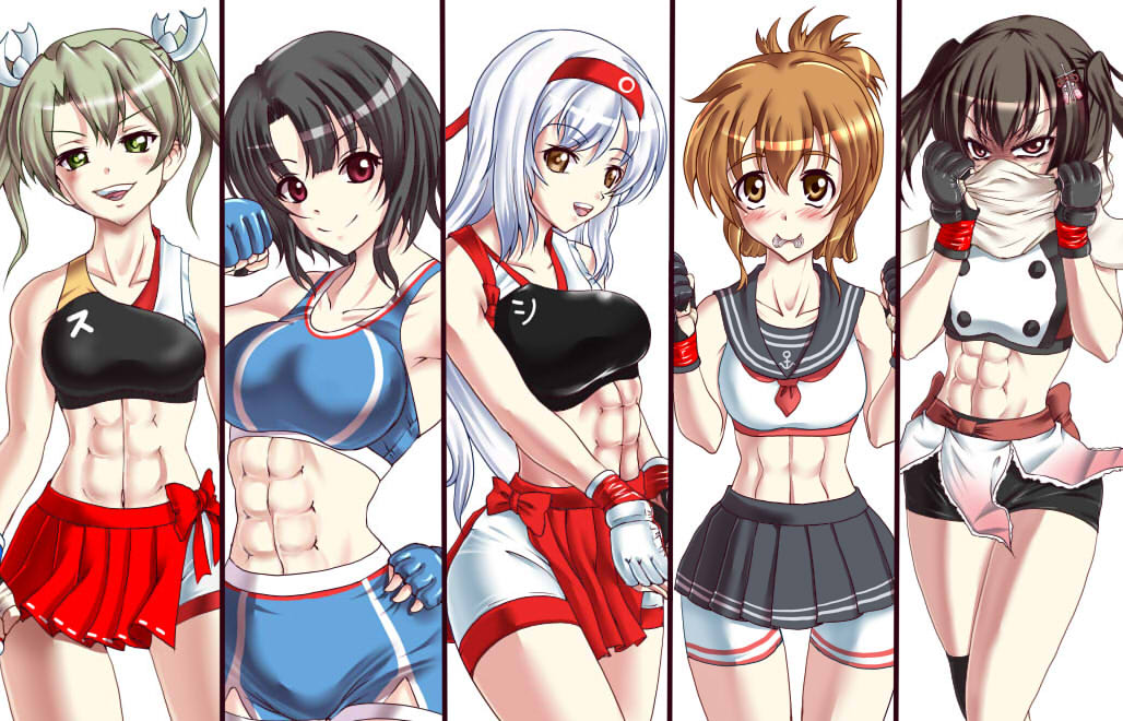 5girls abs bike_shorts black_gloves black_hair brown_hair fingerless_gloves folded_ponytail gloves green_eyes green_hair hairband headband inazuma_(kantai_collection) kantai_collection long_hair midriff miniskirt mixed_martial_arts multiple_girls muneate muscle muscular_female navel red_eyes rigid rigidsteed sendai_(kantai_collection) short_hair shorts shoukaku_(kantai_collection) skirt sports_bra takao_(kantai_collection) toned twintails zuikaku_(kantai_collection)