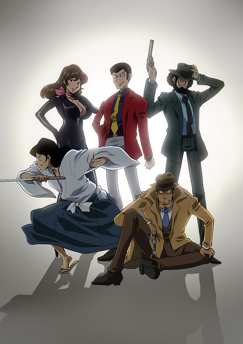 1girl 4boys arsene_lupin_iii beard black_hair breasts brown_hair catsuit cleavage commentary_request cuffs facial_hair fedora gun hand_in_pocket hand_on_headwear hand_on_hip handcuffs hands_on_own_chest hat hidden_eyes highres holding holding_gun holding_sword holding_weapon ishikawa_goemon_xiii jacket japanese_clothes jigen_daisuke katana large_breasts long_sleeves lupin_iii mine_fujiko mizuki_hitoshi multiple_boys necktie open_clothes pants red_jacket sandals sarashi scarf shaded_face shoes sitting smile squatting standing sword tight trench_coat weapon wide_sleeves yellow_neckwear zenigata_kouichi