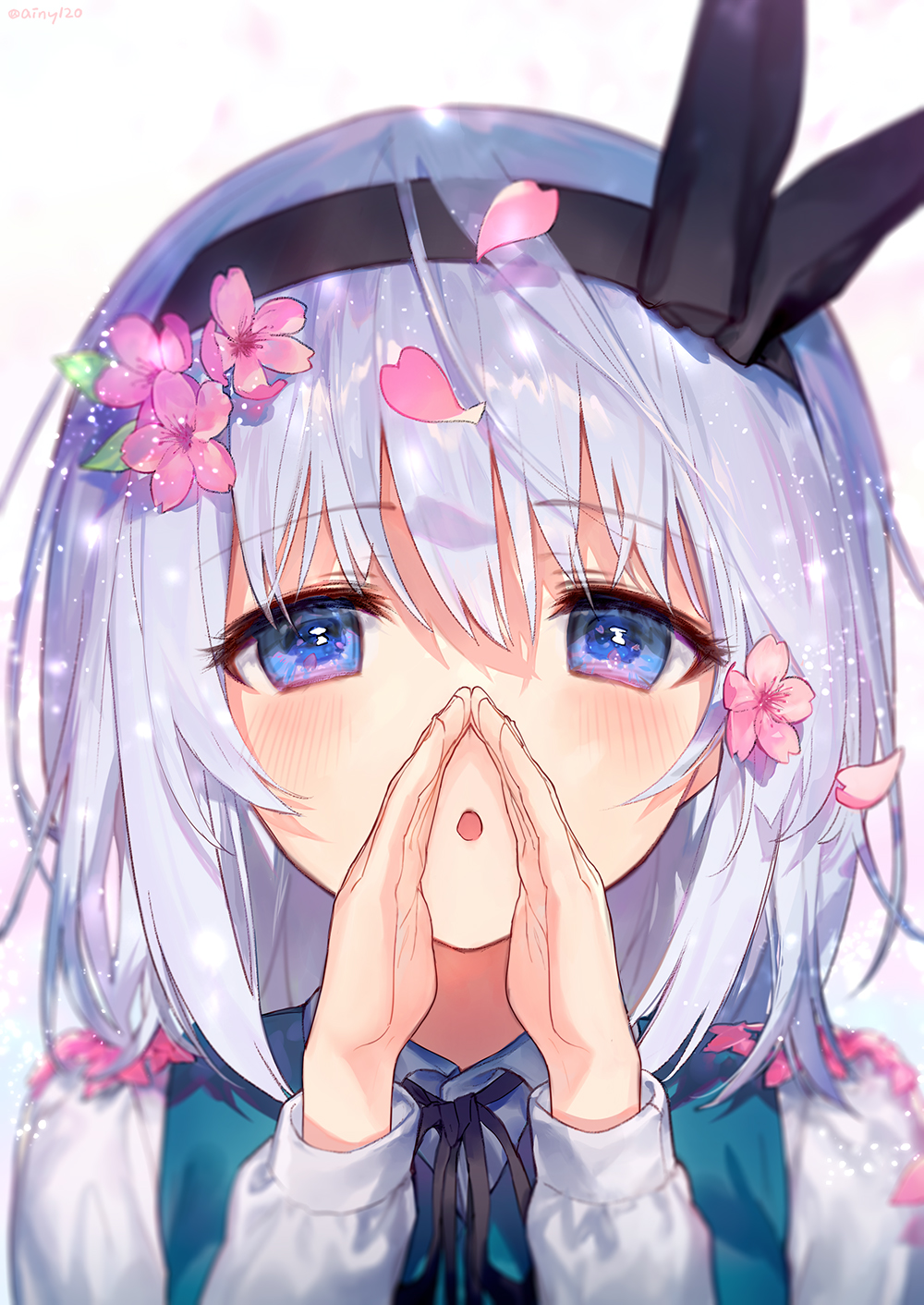 1girl :o ainy77 artist_name bangs black_bow black_hairband black_neckwear black_ribbon blue_eyes blush bow commentary_request eyebrows_visible_through_hair flower green_vest hair_between_eyes hair_bow hair_flower hair_ornament hairband hands_up highres konpaku_youmu leaf light_particles long_sleeves looking_at_viewer neck_ribbon parted_lips petals pink_flower portrait ribbon short_hair silver_hair solo touhou twitter_username vest
