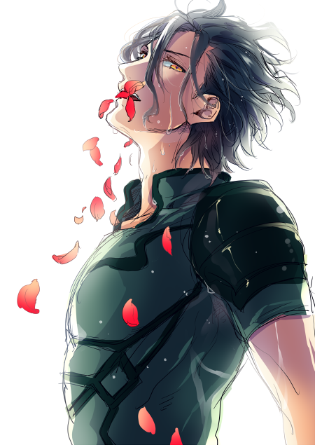 1boy black_hair fate/zero fate_(series) flower lancer_(fate/zero) looking_at_viewer male_focus mole mole_under_eye nakagawa_waka parted_lips petals simple_background solo wavy_hair wet white white_background yellow_eyes