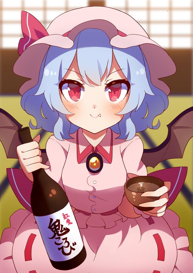 1girl 60mai alcohol bangs bat_wings blue_hair blurry blurry_background blush bottle breasts brooch cowboy_shot cup dress eyebrows_visible_through_hair fang_out hat hat_ribbon holding holding_bottle holding_cup indoors jewelry looking_at_viewer mob_cap pink_dress pink_headwear red_eyes red_ribbon remilia_scarlet ribbon ribbon-trimmed_dress sake sake_bottle short_hair sliding_doors small_breasts smile solo tatami touhou translated v-shaped_eyebrows wings
