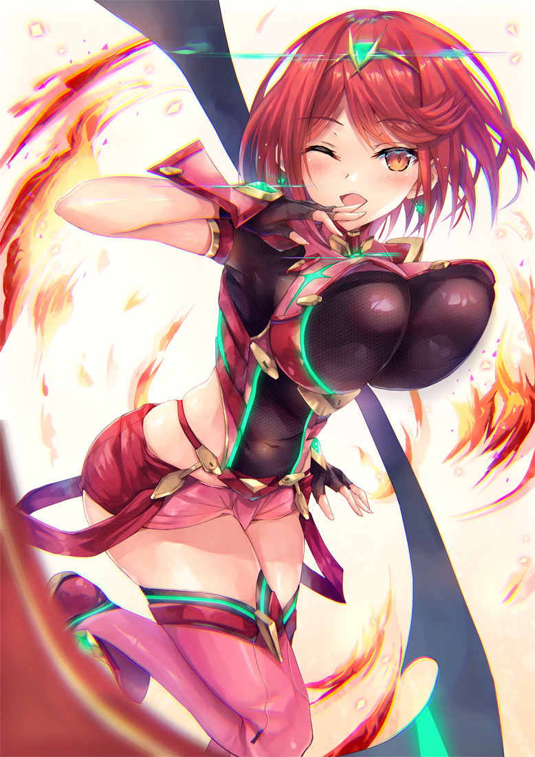 1girl armor bangs bouncing_breasts breasts covered_navel earrings fingerless_gloves gem gloves headpiece hinot pyra_(xenoblade) jewelry large_breasts nintendo open_mouth red_eyes red_shorts redhead short_hair short_shorts shorts shoulder_armor simple_background smile solo swept_bangs tiara xenoblade_(series) xenoblade_2