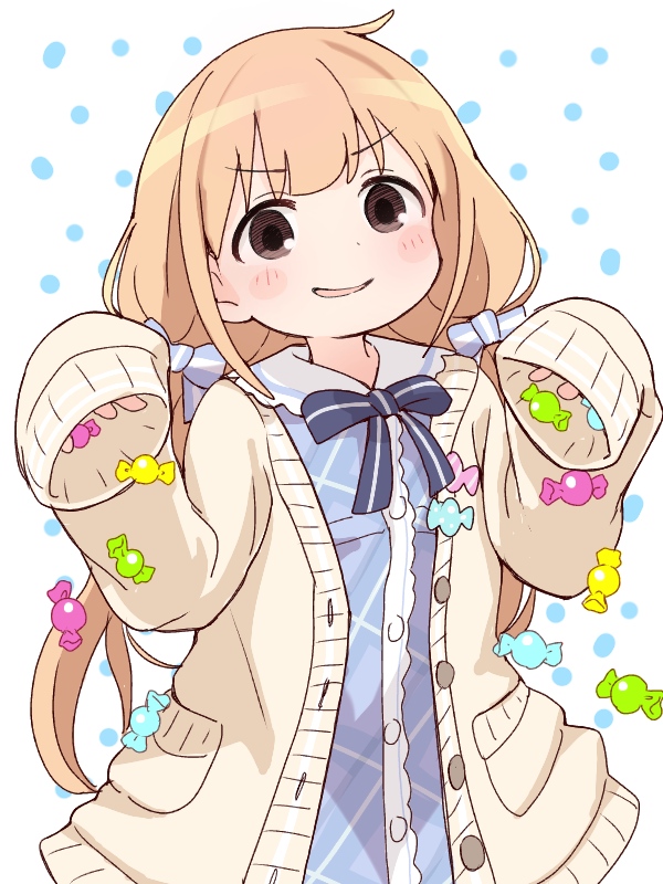 1girl bangs blonde_hair blue_bow blue_dress blush bow brown_eyes brown_jacket candy_wrapper collared_dress ddak5843 dress eyebrows_visible_through_hair futaba_anzu hair_bow hands_up idolmaster idolmaster_cinderella_girls jacket long_hair long_sleeves low_twintails open_clothes open_jacket parted_lips plaid plaid_dress sleeves_past_fingers sleeves_past_wrists smirk solo striped striped_bow twintails very_long_hair white_background