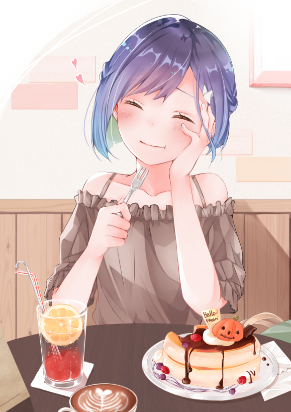 1girl bare_shoulders blue_hair blush bob_cut brown_shirt cake cheesecake chocolate_syrup closed_eyes coffee commentary cup darling_in_the_franxx drink drinking_glass drinking_straw eating foam food fork hair_ornament hairclip hand_on_own_face heart ichigo_(darling_in_the_franxx) light_smile mina_(mina_k_13) off_shoulder pumpkin raised_eyebrows shirt short_hair solo table upper_body