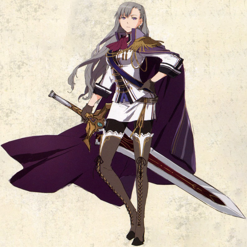 aurelia_le_guin boots braid breasts cape concept_art cross-laced_footwear eiyuu_densetsu gloves greatsword grey_hair hand_on_hip high_heel_boots high_heels holding holding_weapon lace-up_boots long_hair medium_breasts official_art reverse_grip sen_no_kiseki sen_no_kiseki_2 serious side_braid skirt sword thigh-highs thigh_boots violet_eyes weapon