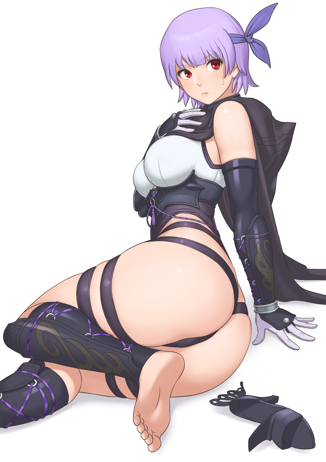 1girl arm_guards armor ass ayane ayane_(doa) bangs bare_shoulders barefoot blush bodysuit breasts closed_mouth dead_or_alive dead_or_alive_6 elbow_gloves eyebrows_visible_through_hair frown gloves highres hood hood_down medium_breasts ninja purple_hair red_eyes shigenobu shoes_removed sitting soles solo sweat thigh_strap white_background