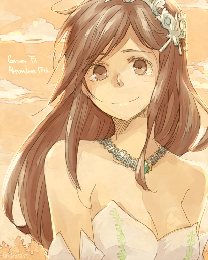 1girl breasts brown_eyes brown_hair cleavage closed_mouth commentary_request dress female final_fantasy final_fantasy_ix garnet_til_alexandros_xvii hair_ornament jewelry long_hair looking_at_viewer medium_breasts neck necklace smile solo square_enix strapless strapless_dress upper_body wedding_dress white_dress