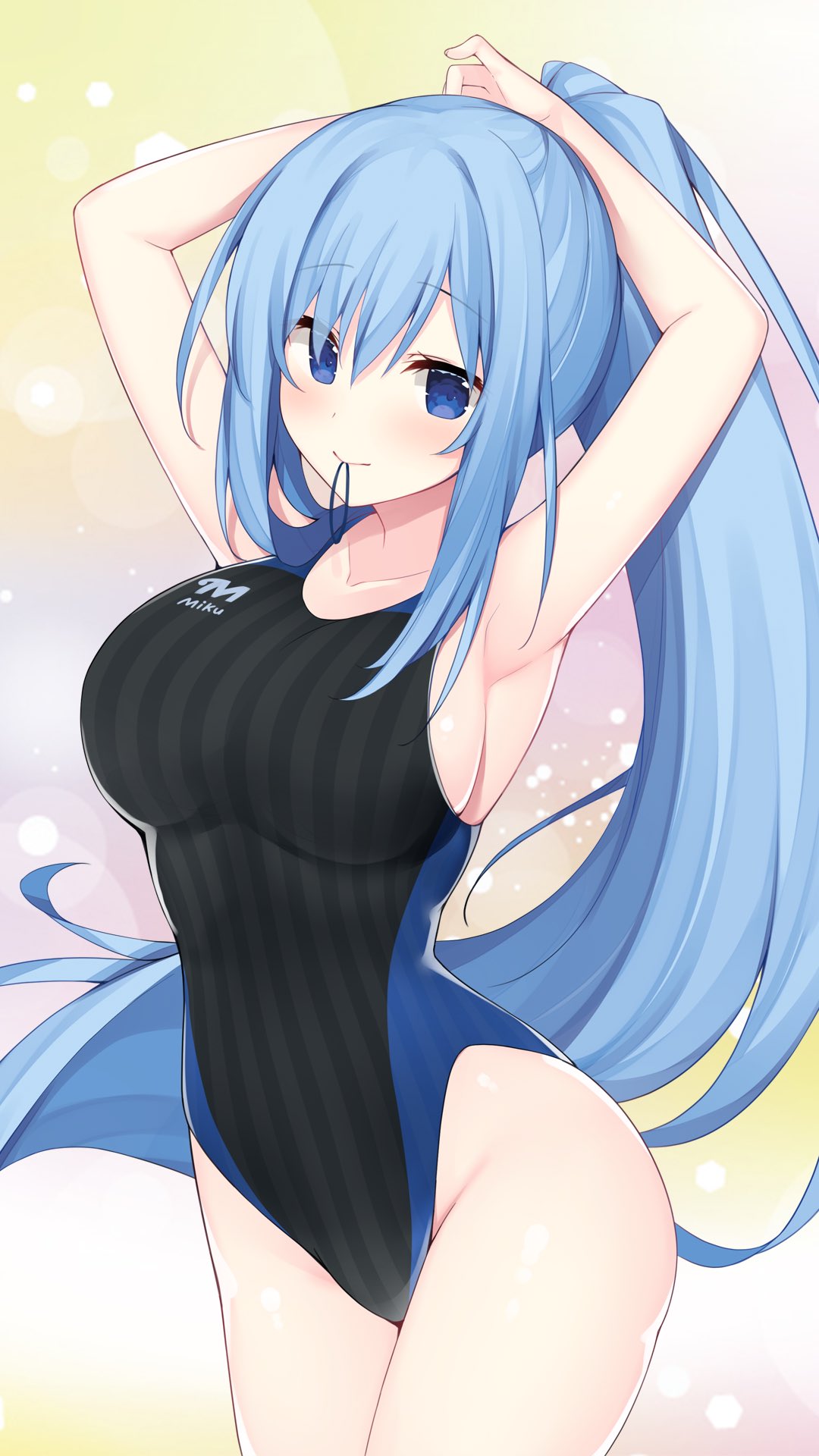 1girl adjusting_hair armpits arms_behind_head arms_up bangs black_swimsuit blue_eyes blue_hair blush breasts character_name closed_mouth clothes_writing collarbone commentary_request competition_swimsuit contrapposto cowboy_shot emori_miku emori_miku_project eyebrows_visible_through_hair eyelashes groin hair_between_eyes hair_ornament hair_tie hair_tie_in_mouth highres large_breasts legs_together long_hair looking_at_viewer miko_92 mouth_hold one-piece_swimsuit ponytail shiny shiny_skin sideboob sidelocks smile solo standing swimsuit tying_hair very_long_hair