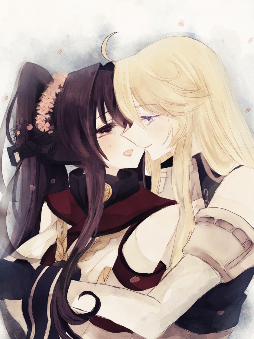 2girls :d ahoge bangs bare_shoulders blonde_hair blue_eyes blush brown_eyes brown_hair closed_mouth couple crying crying_with_eyes_open detached_sleeves eye_contact eyebrows_visible_through_hair female flower hair_between_eyes hair_flower hair_ornament happy hug hug_from_behind imminent_kiss iowa_(kantai_collection) kantai_collection long_hair looking_at_another looking_back multiple_girls open_mouth petals ponytail shima_(aliceanna0518) smile star star-shaped_pupils symbol-shaped_pupils tearing_up tears upper_body wrist_cuffs yamato_(kantai_collection) yuri