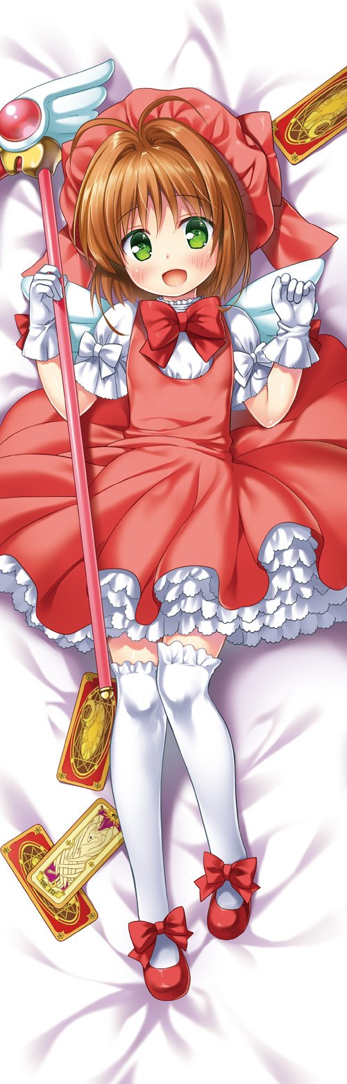 1girl angel_wings antenna_hair brown_hair card_captor_sakura clow_card commentary_request dakimakura dress fly_(clow_card) full_body fuuin_no_tsue gloves green_eyes hat highres kinomoto_sakura lying magical_girl on_back open_mouth pink_dress pink_footwear pink_headwear shoes short_hair smile solo staff thigh-highs wand white_gloves white_legwear white_wings wings yukino_minato