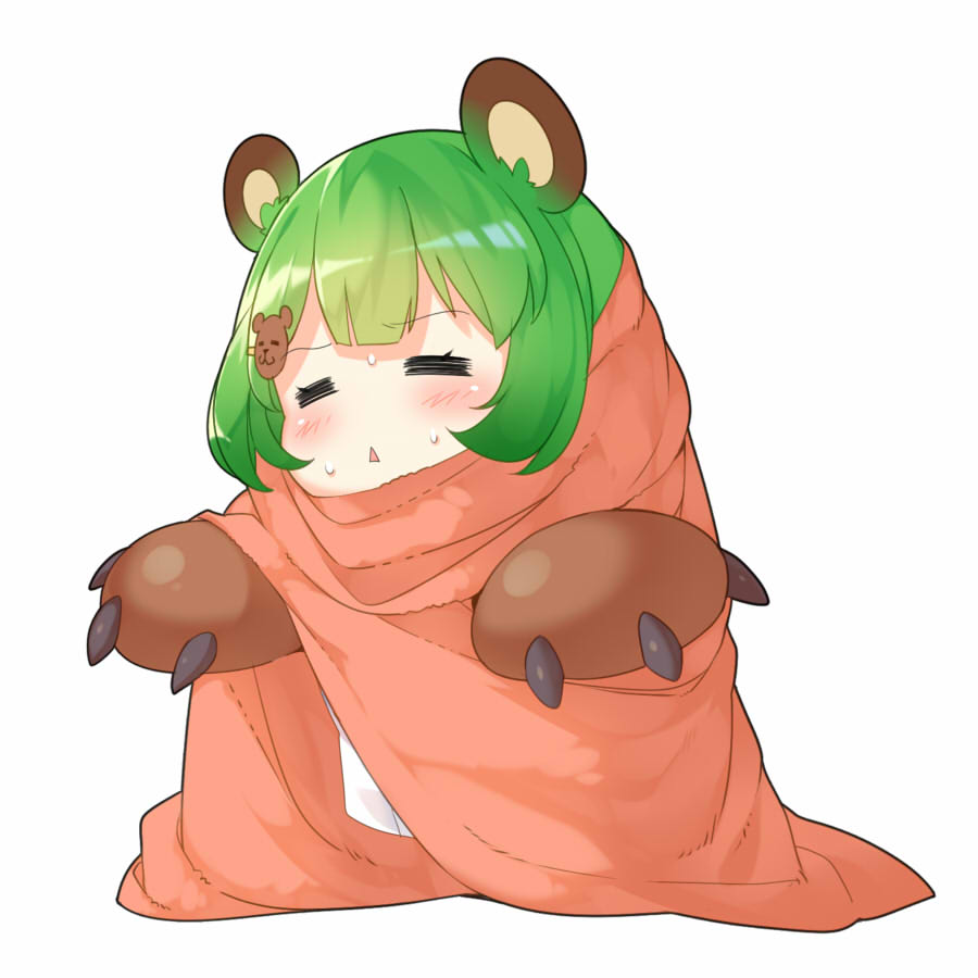 1girl animal_ear_fluff animal_ears animare bangs bear_ears bear_hair_ornament bear_paws blanket blush chibi closed_eyes gloves green_hair hair_ornament hairclip hinokuma_ran kokka_han open_mouth paw_gloves paws short_hair simple_background solo sweatdrop triangle_mouth virtual_youtuber white_background