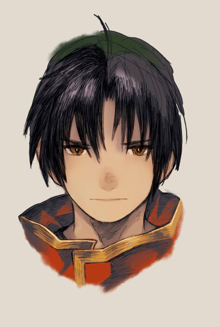 1boy 1girl bandanna black_hair brown_eyes closed_mouth commentary_request gensou_suikoden gensou_suikoden_i looking_at_viewer maekakekamen simple_background solo tir_mcdohl