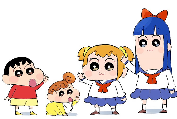 1boy 3girls artist_request baby black_hair blue_hair blush brown_hair buzz_cut child crayon_shin-chan crossover curly_hair eyebrows_visible_through_hair hair_ribbon kamikaze_douga kobayashi_yumiko koorogi_satomi loli long_face long_hair multiple_girls nohara_himawari nohara_shinnosuke official_style open_mouth orange_hair parody pipimi poptepipic popuko ribbon school_uniform seiyuu_connection shin-ei_animation shirt shogakukan short_hair shorts skirt socks takeshobo teenage thick_eyebrows tokyo_mx uniform waving yajima_akiko