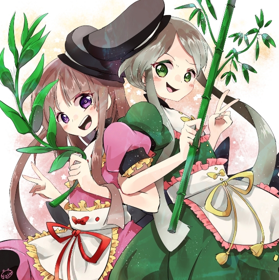 2girls :d apron bamboo bangs black_headwear brown_hair dress frilled_apron frilled_sleeves frills green_dress green_eyes green_hair hat holding locked_arms long_hair looking_at_viewer multiple_girls myouga_(plant) nishida_satono open_mouth pink_dress plant puffy_short_sleeves puffy_sleeves red_ribbon ribbon short_sleeves smile star tate_eboshi teeth teireida_mai touhou violet_eyes waist_apron white_apron yellow_ribbon yoshishi_(yosisitoho)