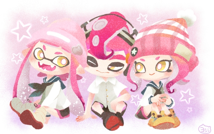 1boy 2girls :&gt; :d ankle_boots beanie black_neckwear black_shorts blue_sailor_collar bobblehat boots bright_pupils buttons closed_mouth collared_shirt domino_mask fangs hat headphones inkling long_hair long_sleeves looking_at_another mask mohawk multiple_girls neckerchief no_nose octarian octoling one-piece_swimsuit open_mouth pink_hair pink_headwear pointy_ears pom_pom_(clothes) sailor_collar school_uniform serafuku shirt short_hair short_sleeves shorts smile splatoon splatoon_(series) splatoon_2 star striped striped_hat suction_cups swimsuit white_pupils white_shirt yellow_eyes yellow_footwear yoshishi_(yosisitoho)