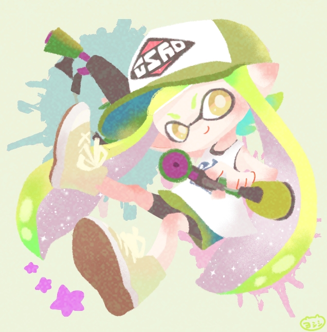 1girl baseball_cap bike_shorts bright_pupils closed_mouth domino_mask dual_wielding full_body green_hair green_skirt hat holding inkling long_hair mask miniskirt no_nose pointy_ears shirt shoes shorts shorts_under_skirt skirt smile solo splat_dualies_(splatoon) splatoon splatoon_(series) splatoon_2 star tank_top tentacle_hair white_shirt yellow_eyes yellow_footwear yoshishi_(yosisitoho)