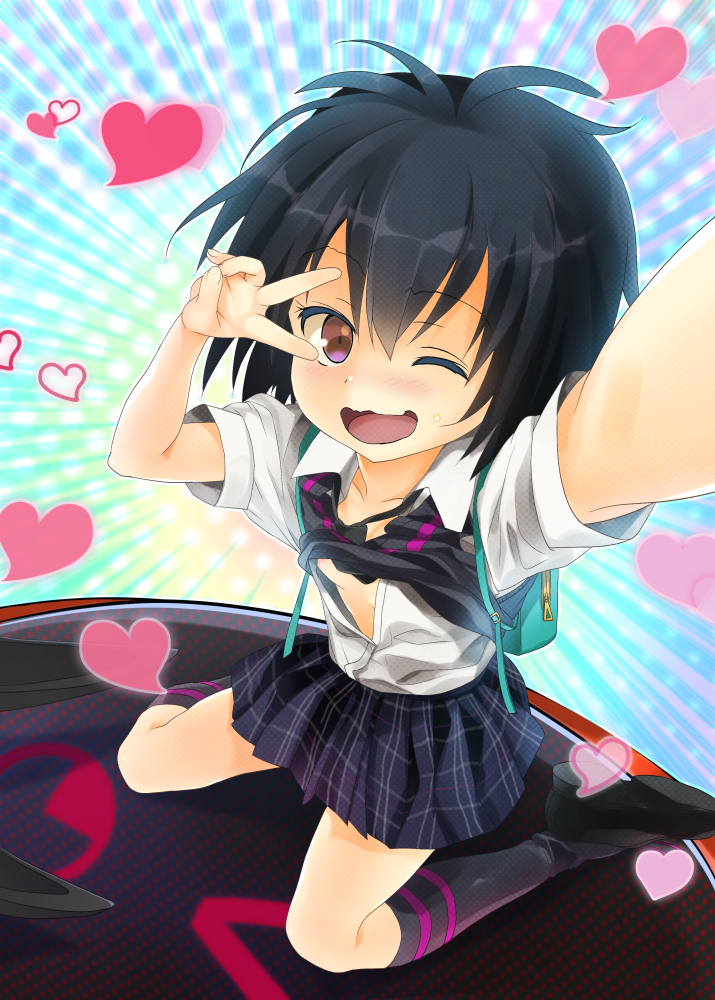 1girl backpack bag black_hair black_legwear blouse blush breasts clothes_lift commentary_request full_body heart kneeling loli looking_at_viewer one_eye_closed open_clothes open_shirt peni_parker plaid plaid_skirt pleated_skirt self_shot shirt shoes skirt socks solo spider-man:_into_the_spider-verse spider-man_(series) sweater sweater_lift tororo v violet_eyes wavy_mouth white_shirt