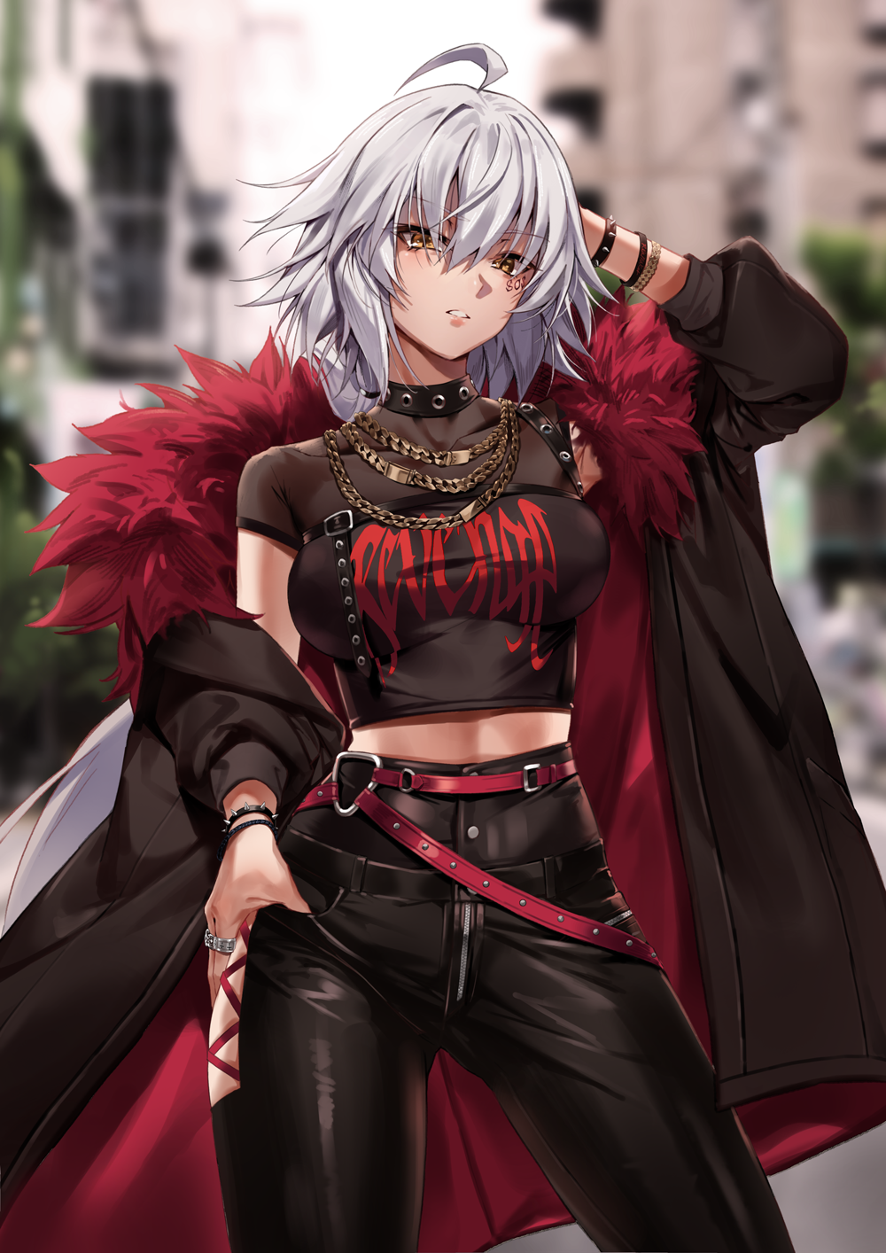 1girl ahoge alternate_costume arm_up armpits bangs belt black_coat black_pants black_shirt blurry blurry_background bracelet breasts brown_eyes buckle building casual clothes_writing coat collarbone contrapposto cowboy_shot day depth_of_field eyebrows_visible_through_hair facial_mark fate/grand_order fate_(series) fur-trimmed_coat fur_trim hair_between_eyes hand_on_hip highres jeanne_d'arc_(alter)_(fate) jeanne_d'arc_(fate)_(all) jewelry long_hair looking_at_viewer low_ponytail medium_breasts midriff neckerchief off_shoulder open_clothes open_coat outdoors pants parted_lips rainmaker ring shirt short_sleeves silver_hair solo spiked_bracelet spikes town