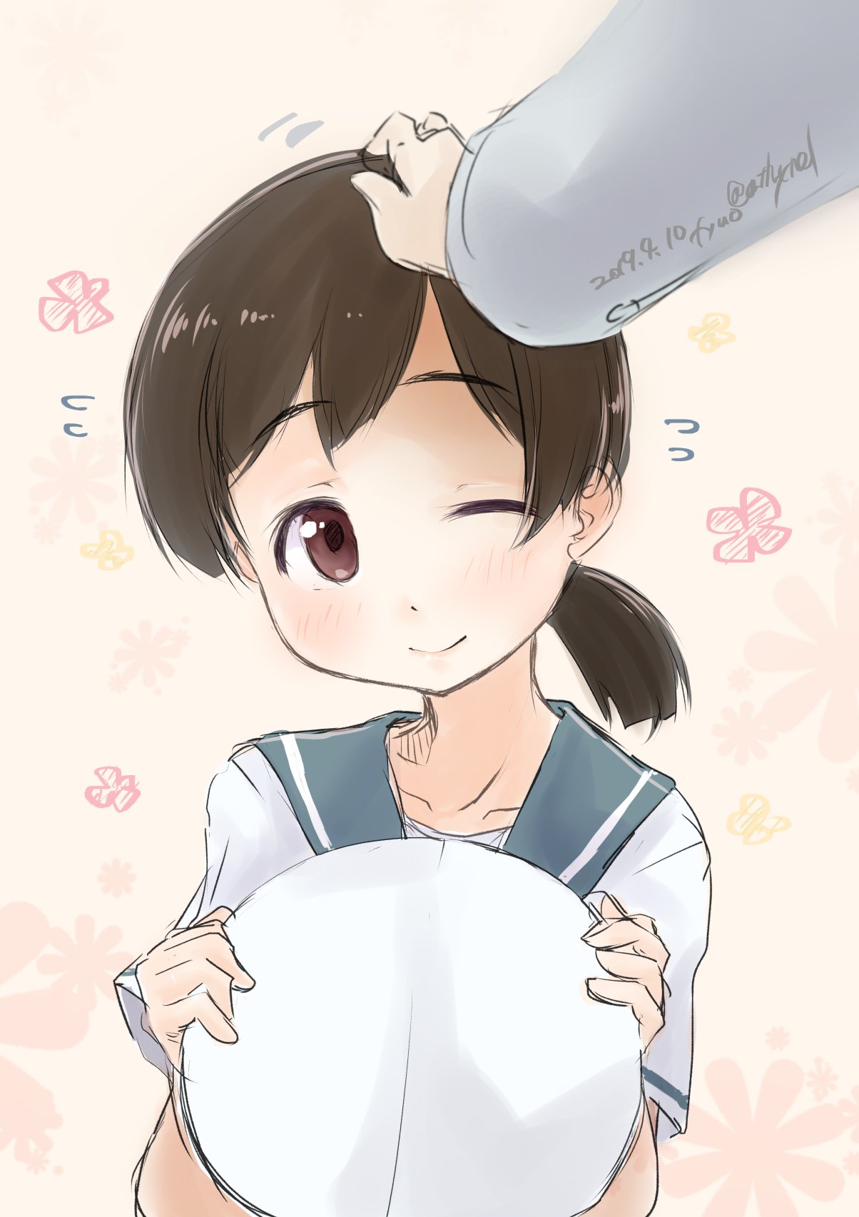 1girl 1other black_hair brown_eyes commentary_request dated dress floral_background fyuo hat hat_removed headwear_removed hiburi_(kantai_collection) highres kantai_collection low_ponytail one_eye_closed petting pink_background sailor_collar sailor_dress sailor_hat short_hair short_sleeves twitter_username upper_body white_dress